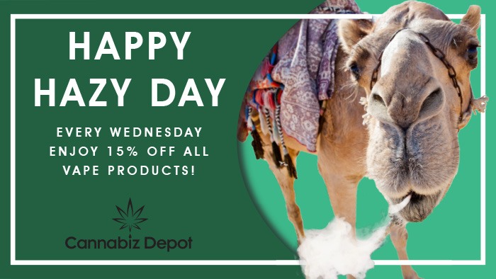 Happy Hazy Day - Enjoy 15% off all vape procuts every Wednesday at Cannabiz Depot in La Crosse, Wisconsin.