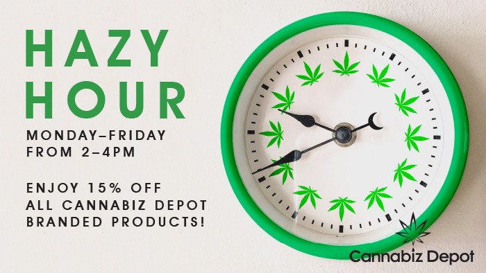 Hazy Hour is Monday-Friday from 2-4pm at Cannabiz Depot in La Crosse, Wisconsin. Enjoy 15% off all Cannabiz Depot branded products.