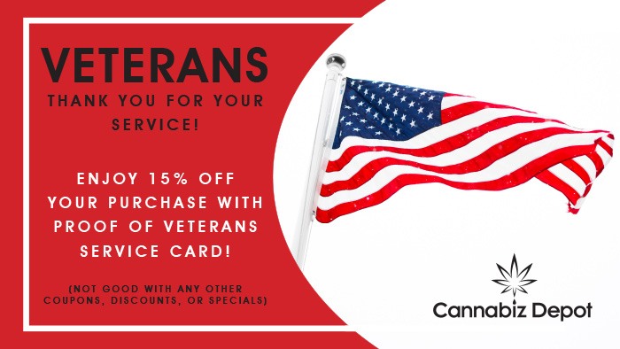 Veterans receive 15% off their purchase with proof of veterans service cards at Cannabiz Depot in La Crosse, Wisconsin.
